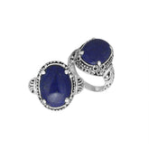 Sterling Silver Oval Shape Lapis Lazuli Ring With Balinese Carved Band For Women